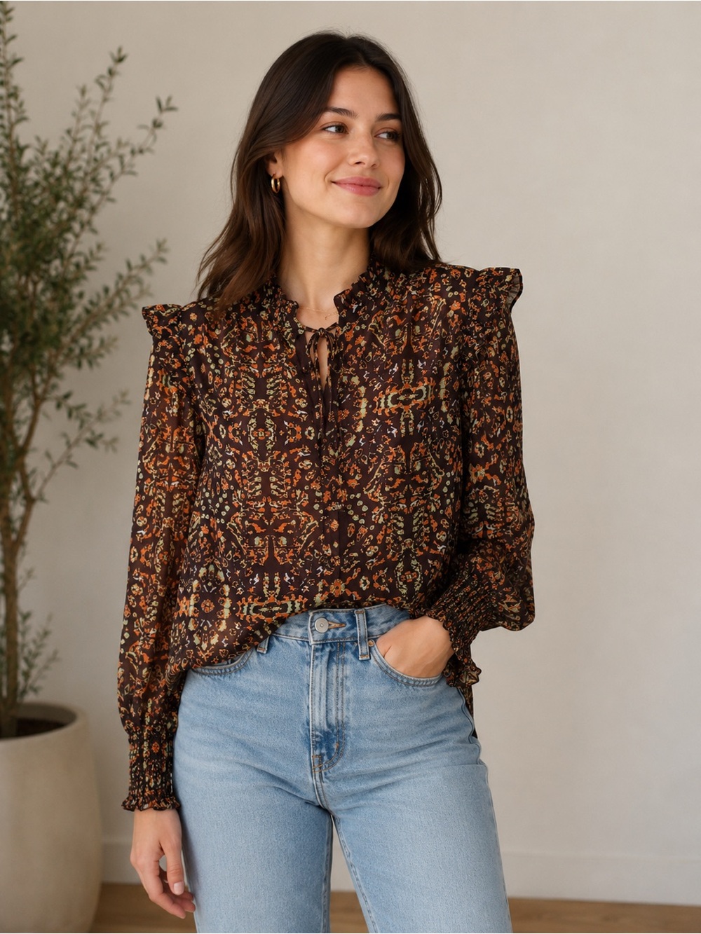 Willa Story Womens Brown Floral Boho High Neck Smocked Wrist Blouse, Size Medium